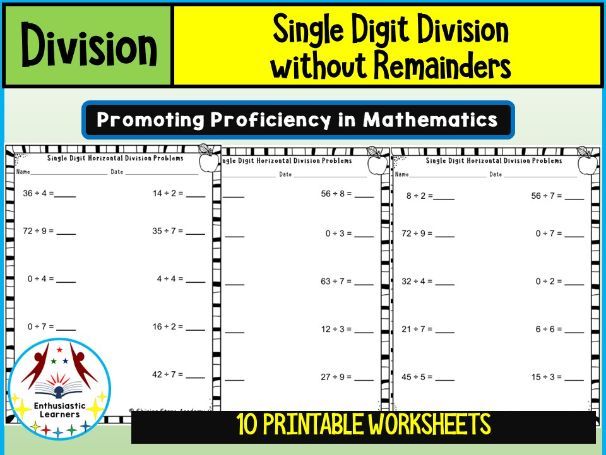 Single Digit Horizontal Division without Remainders Worksheets Math problems