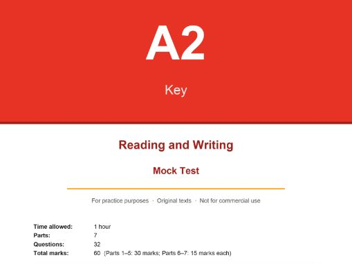 A2 Key (KET) Practice Test: Reading & Writing with Answer Key