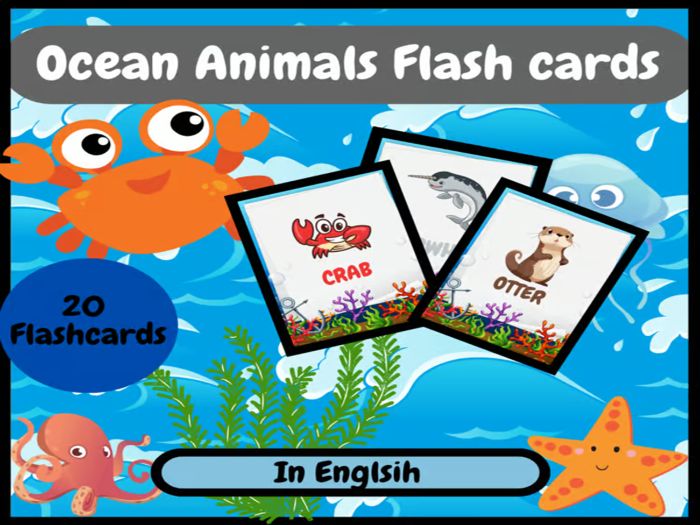 Beginner Ocean Animals Flashcards. Printable Posters for kids In English