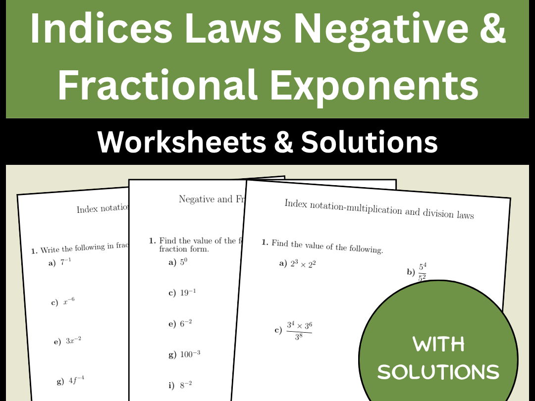 Indices Laws Negative & Fractional Exponents Worksheets & Solutions