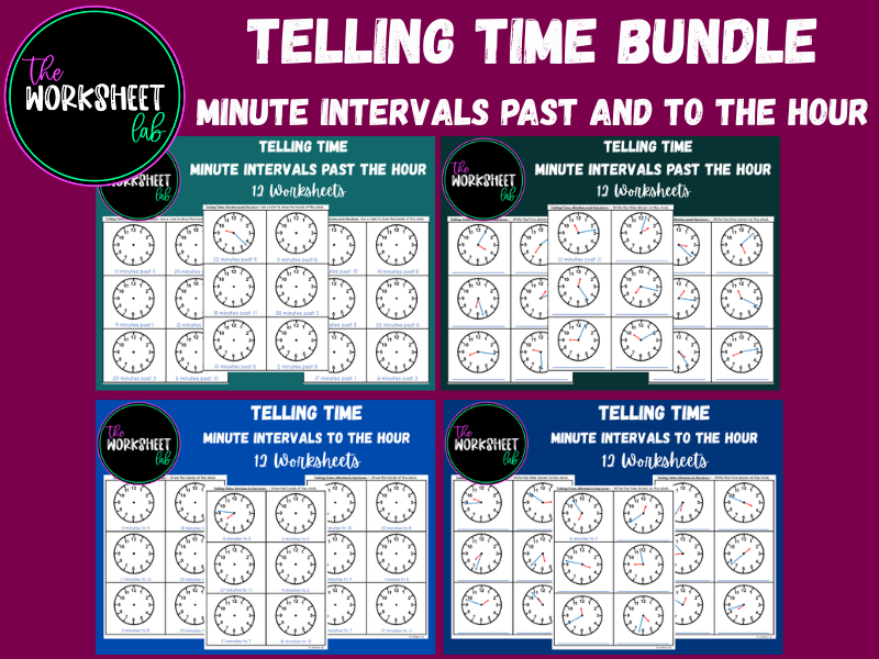 TELLING TIME BUNDLE: Minute Intervals PAST and TO the Hour Worksheets