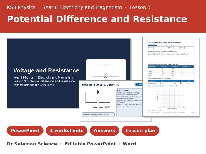 KS3 Potential Difference and Resistance Lesson + Worksheets