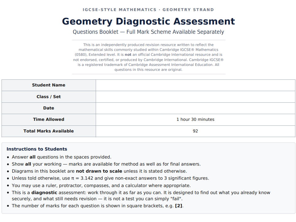 IGCSE-Style Mathematics – Geometry Assessment Pack | Questions + Full Mark Schem