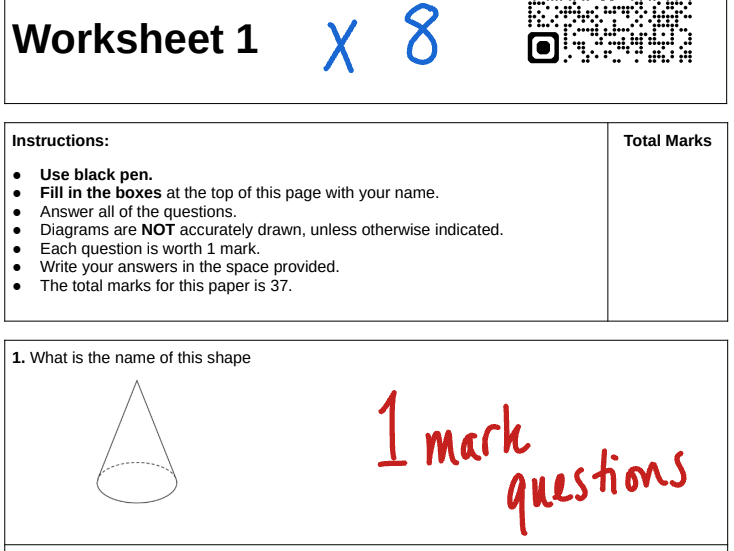 8 x Grade 1 GCSE Maths Worksheet. 1 mark exam style questions.