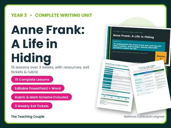 Anne Frank: A Life in Hiding | Year 3 English Unit | 15 Complete Lessons + Resources + Mark Scheme