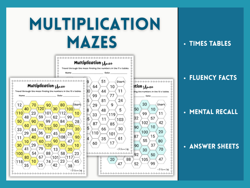 Multiplication Times Tables Maze Worksheets