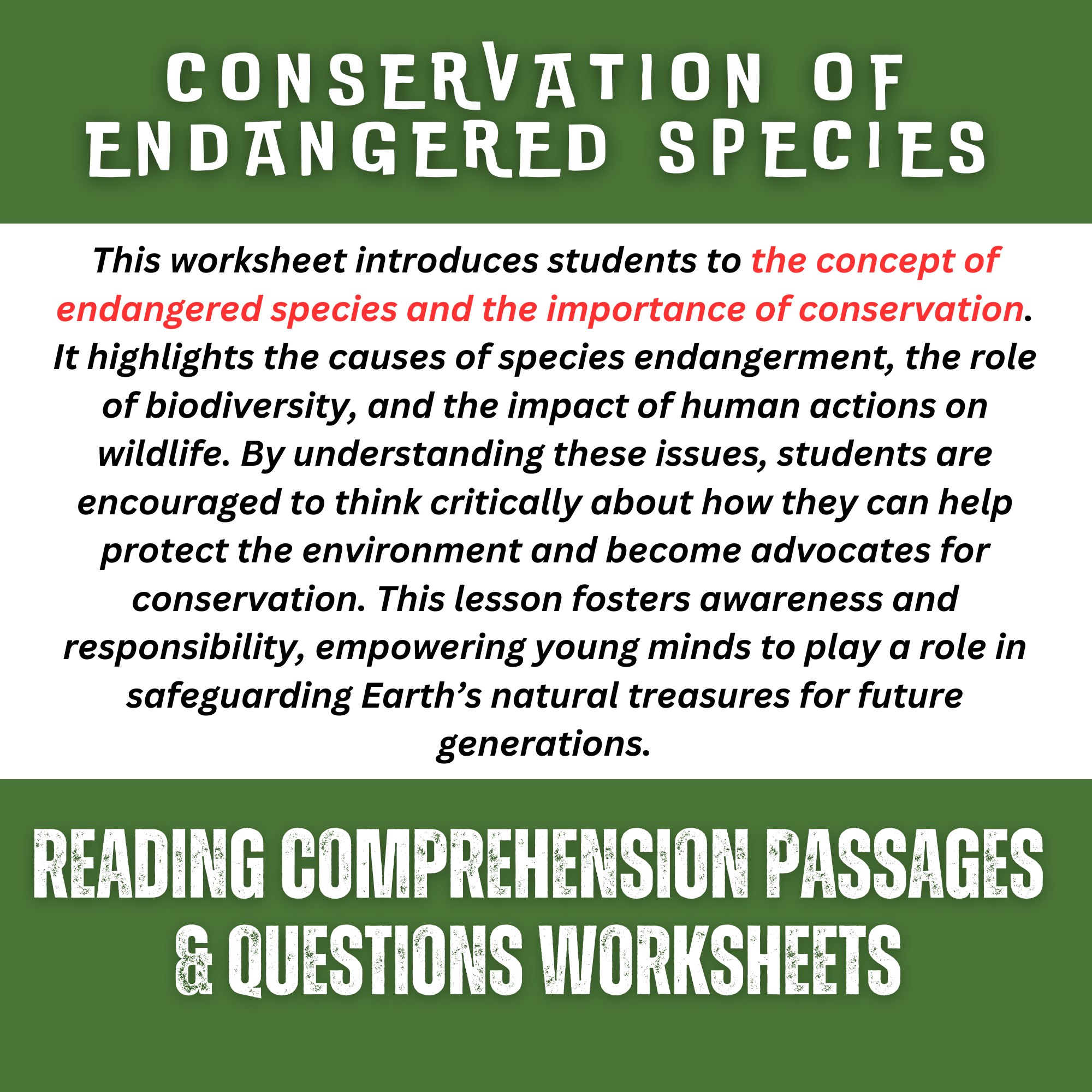 Conservation of Endangered Species - Environment Reading Worksheet ...