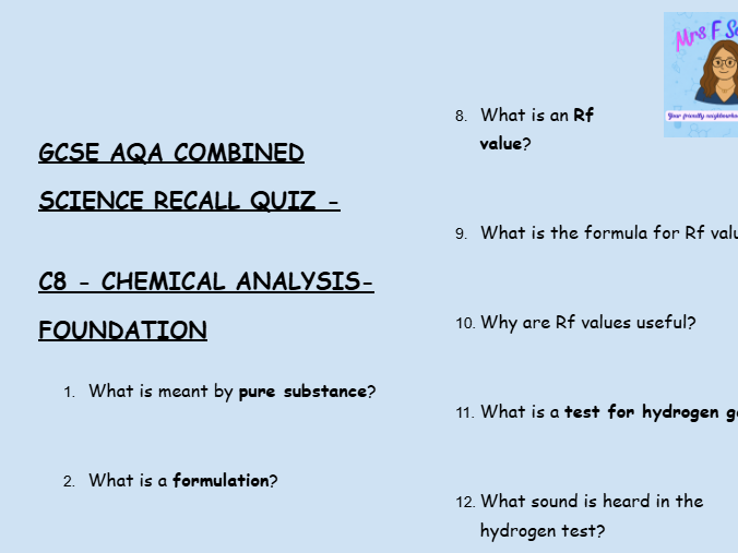 GCSE Chemistry C8 Chemical Analysis – 30 Foundation Retrieval Questions | AQA |+ Answers