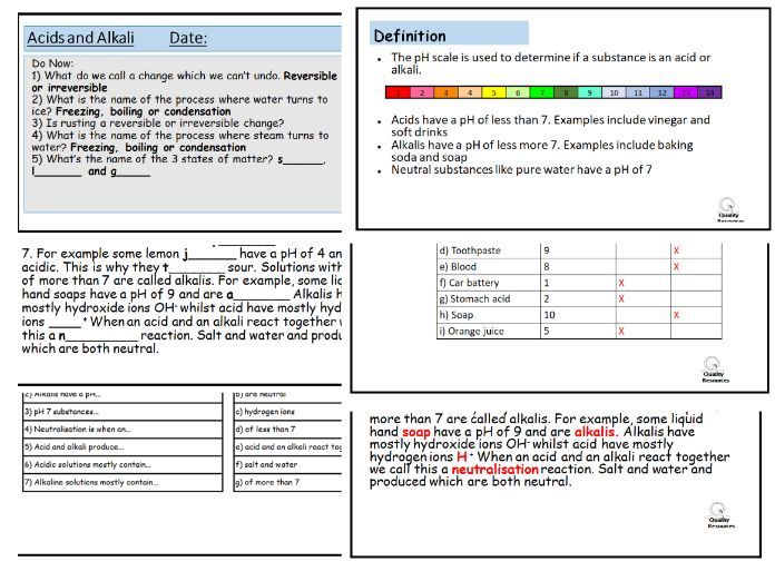 GCSE SEN/Low Ability Acids and Alkalis Complete Lesson Teaching Resources