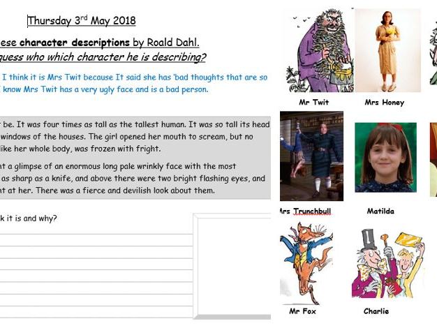 Year 2 Evidencing GD Reading - solve the Roald Dahl character descriptions - Greater Depth Inference