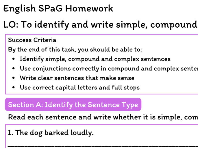English SPaG Homework – Sentence Types (Simple, Compound and Complex)