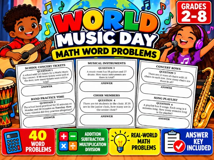 World Music Day Math Word Problems | 40 Printable Problems & Answer Key | Grades 2–8