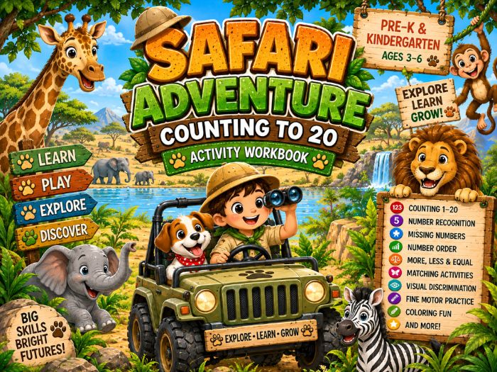 Safari Counting to 20 Worksheets | Number Recognition & Math Activities | Pre-K Kindergarten