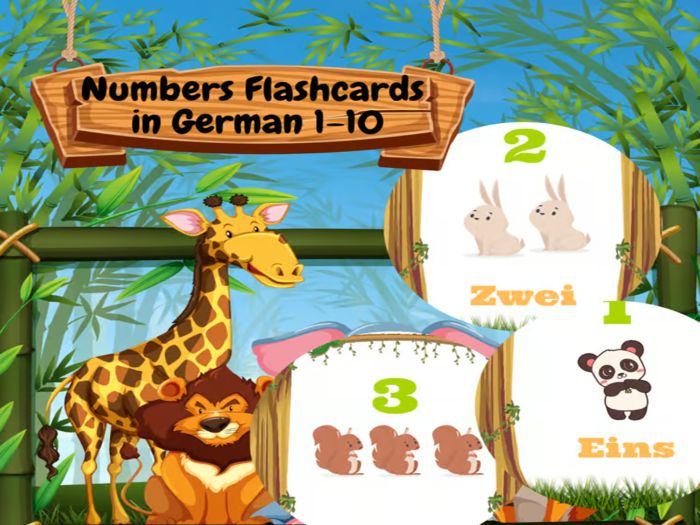 Animal Numbers Flashcards in German 1-10 for Pre K & K to learn Numbers