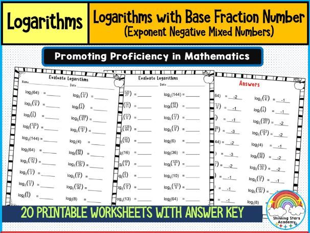 Logarithm with Base Positive Fraction (Exponent as Negative Integer) Worksheets