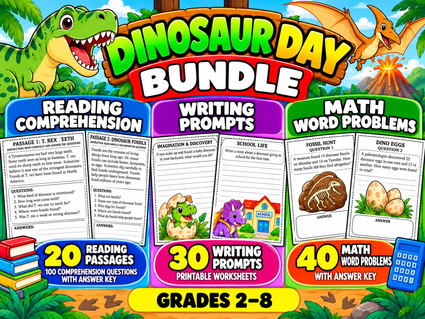 Dinosaur Day Bundle | Reading Comprehension, Writing Prompts and Math