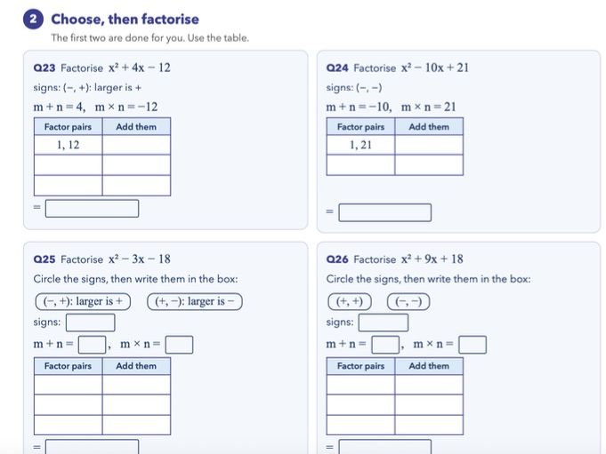 Scaffolded Factorising Quadratic Worksheet for LPA students.
