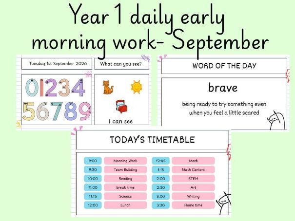 Year 1 early morning work powerpoint- Maths- Phonics- wordof the day- daily timetable