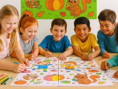 Autumn Collaborative Coloring Poster Fall Classroom Activity Pumpkin, Animals Kids Theme