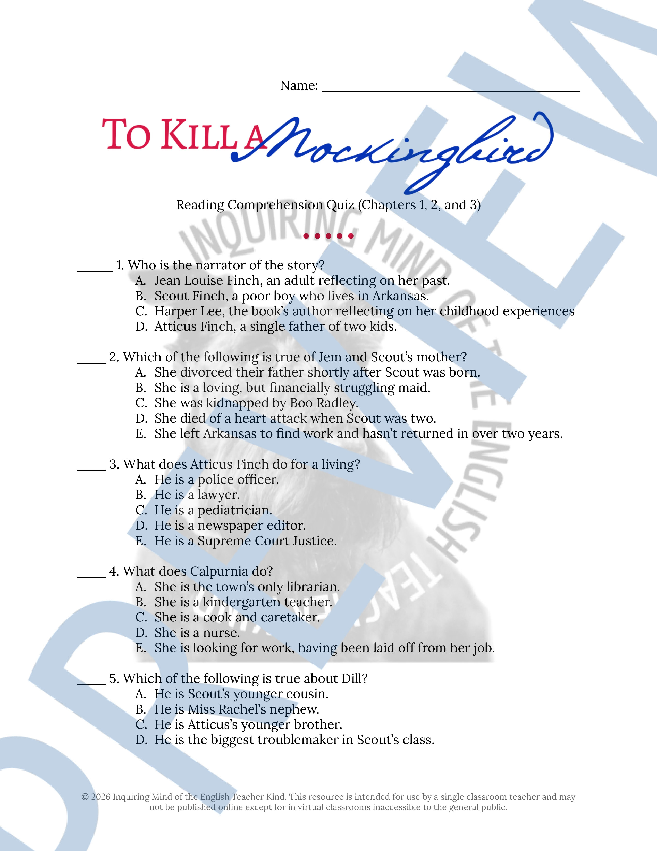 To Kill a Mockingbird Chapters 1, 2, and 3 Quiz and Answer Key ...