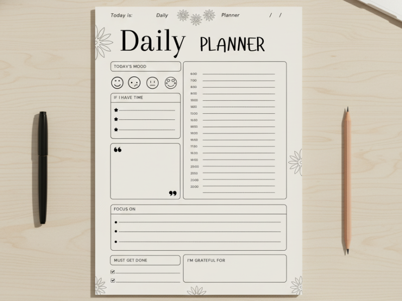 Minimalist Daily Planner Printable, Productivity Sheet, Work and Study Organizer, Simple Schedule Te