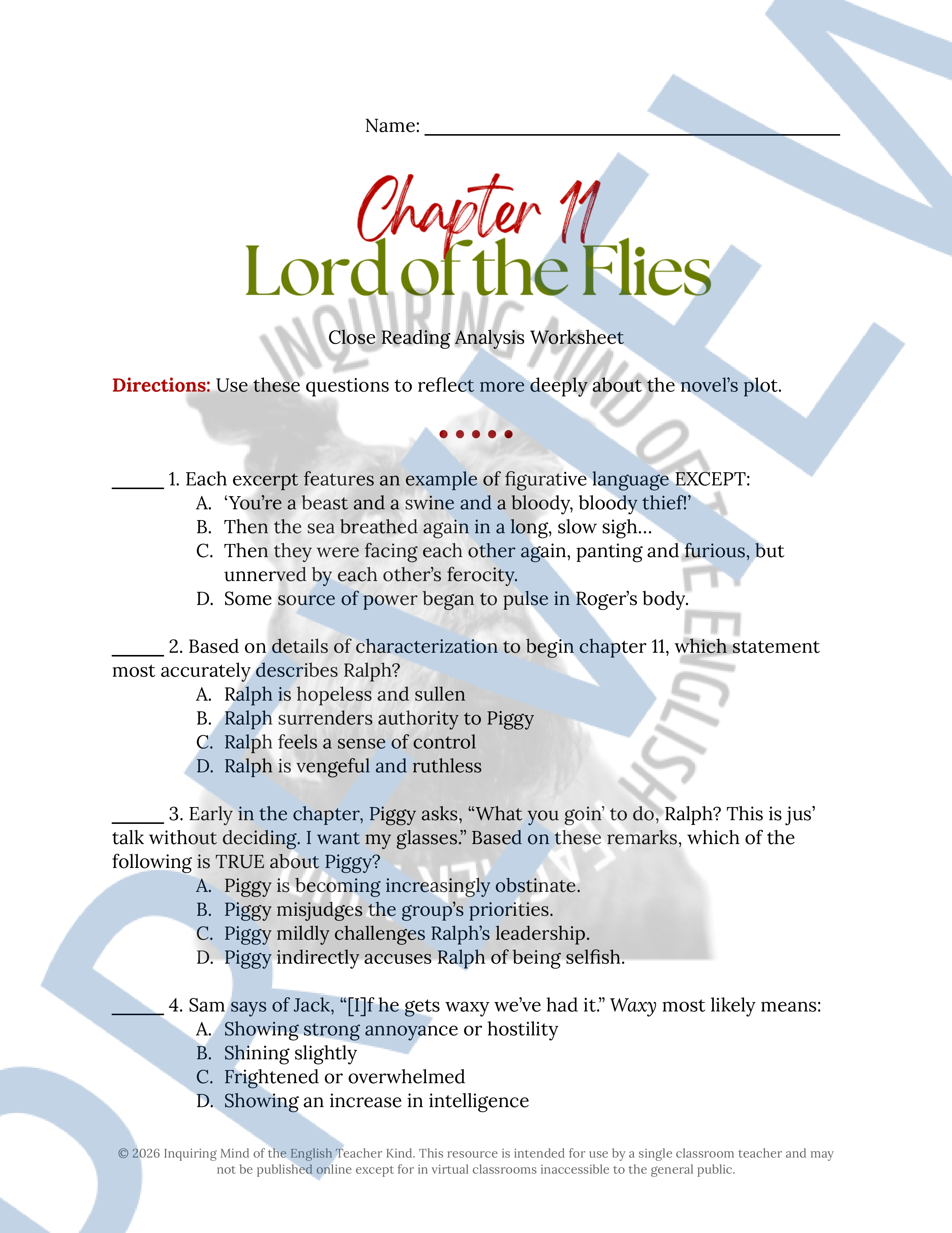 Lord of the Flies Chapter 11 Close Reading Analysis Worksheet ...