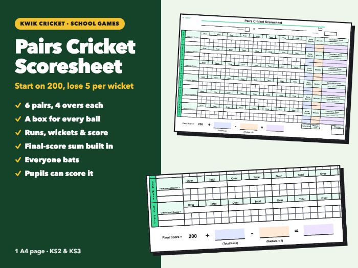 Pairs Cricket Scoresheet | Kwik Cricket & School Games Format | Editable Excel | KS2 & KS3
