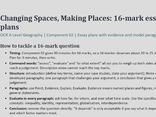 16 Mark Essay Plans - Changing Spaces, Making Places OCR A-level Geography