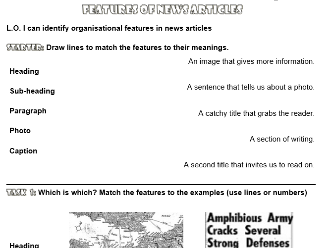 English - Features of News Articles - Activity Worksheets