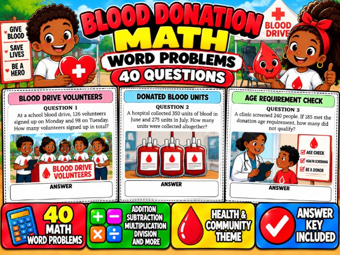 Blood Donation Math Word Problems | 40 Questions & Answer Key