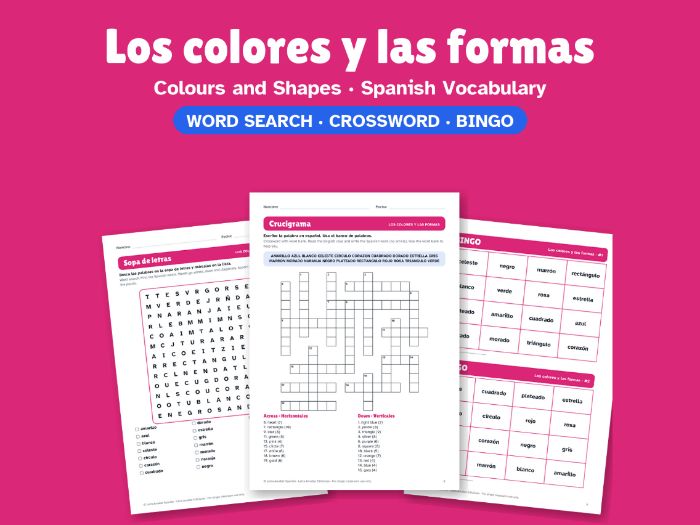 Colours and Shapes in Spanish: Word Search, Crossword & Bingo