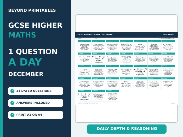 GCSE Higher Maths 1-a-Day December | Daily Reasoning | Answers | A3/A4