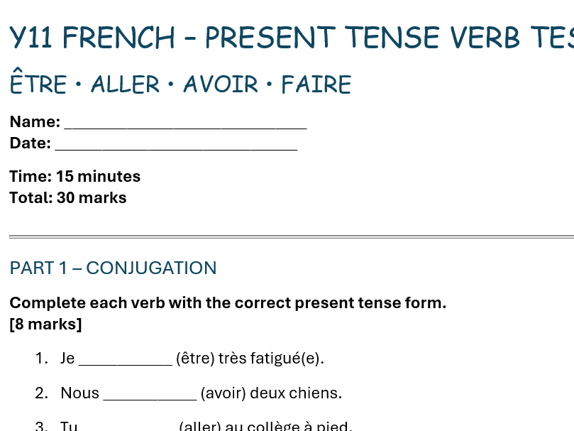 être-aller-avoir-faire Present Tense Assessment