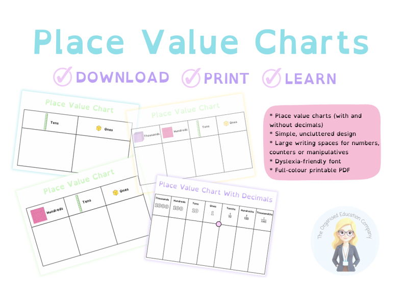Place Value Charts | Printable Maths Display & Student Resource | Pastel Colour Theme