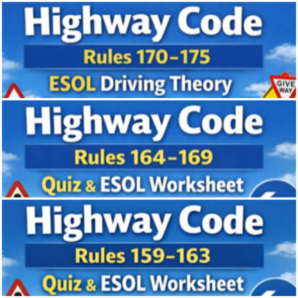 3 session Driving Theory ESOL Bundle | Highway Code Rules 159–175 | Pre-Entry – Entry 3 | Adult ESOL