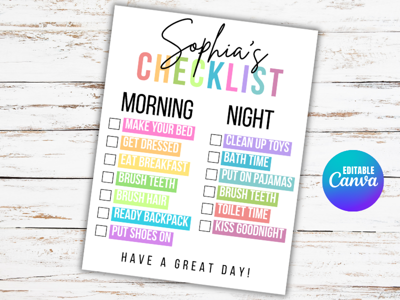 Editable Kids Chore Chart: Morning Bedtime Nighttime Routine Checklist