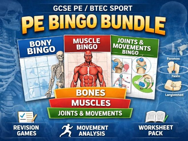 GCSE or  BTEC PE Revision Bingo Workbook + Games Pack Bones | Muscles | Joints & Movements