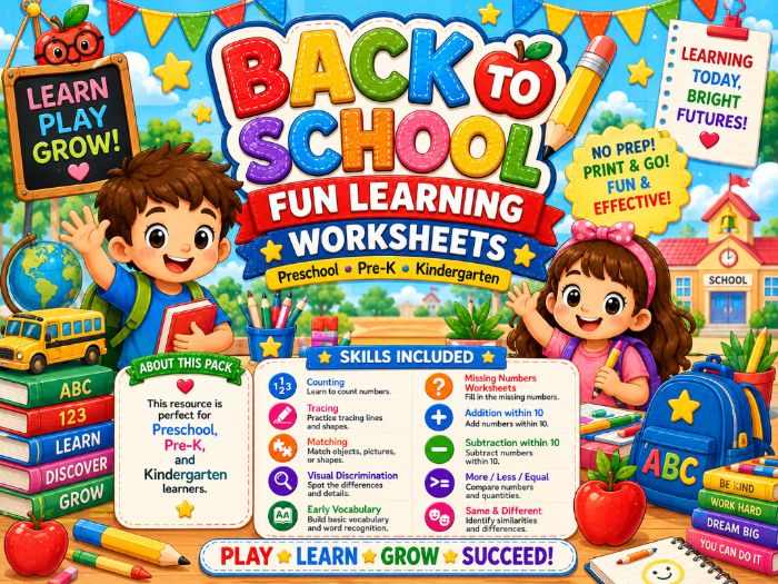 Back to School Worksheets for Preschool & Kindergarten | Math, Tracing, Counting & Matching
