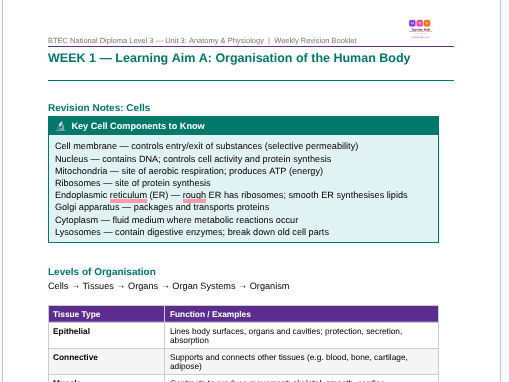 BTEC Health and Social Care- Unit 3 Anatomy & Physiology Weekly Revision | Teaching Resources