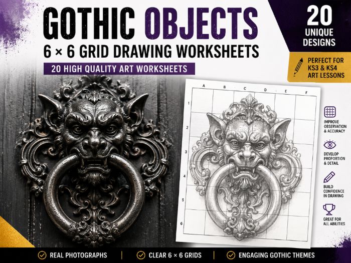 Gothic Objects Grid Drawing Worksheets | 20 Art Drawing Activities | KS3 & KS4