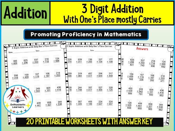 3-Digit Addition with One’s Place Carrying (Regrouping) Worksheets – Practice Activity