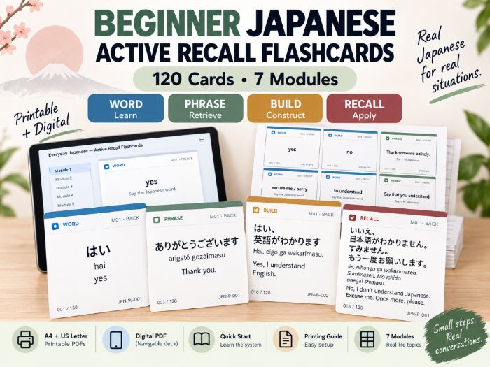 Beginner Japanese Active Recall Cards