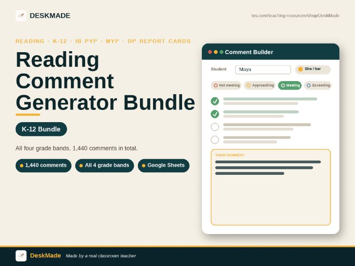 Reading Comment Generator Bundle | Grades K–12 | IB Report Cards