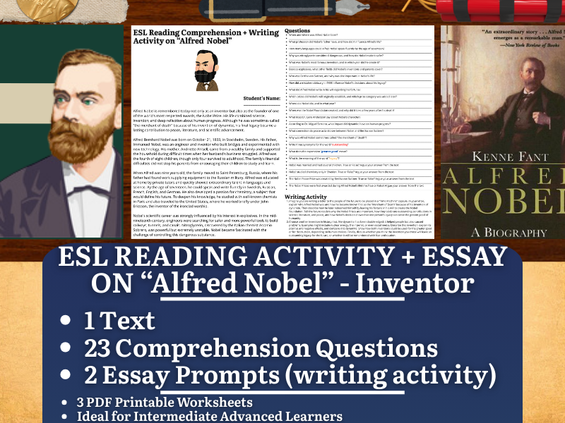 ESL Reading Comprehension + Writing Activity Worksheets on "Alfred Nobel"