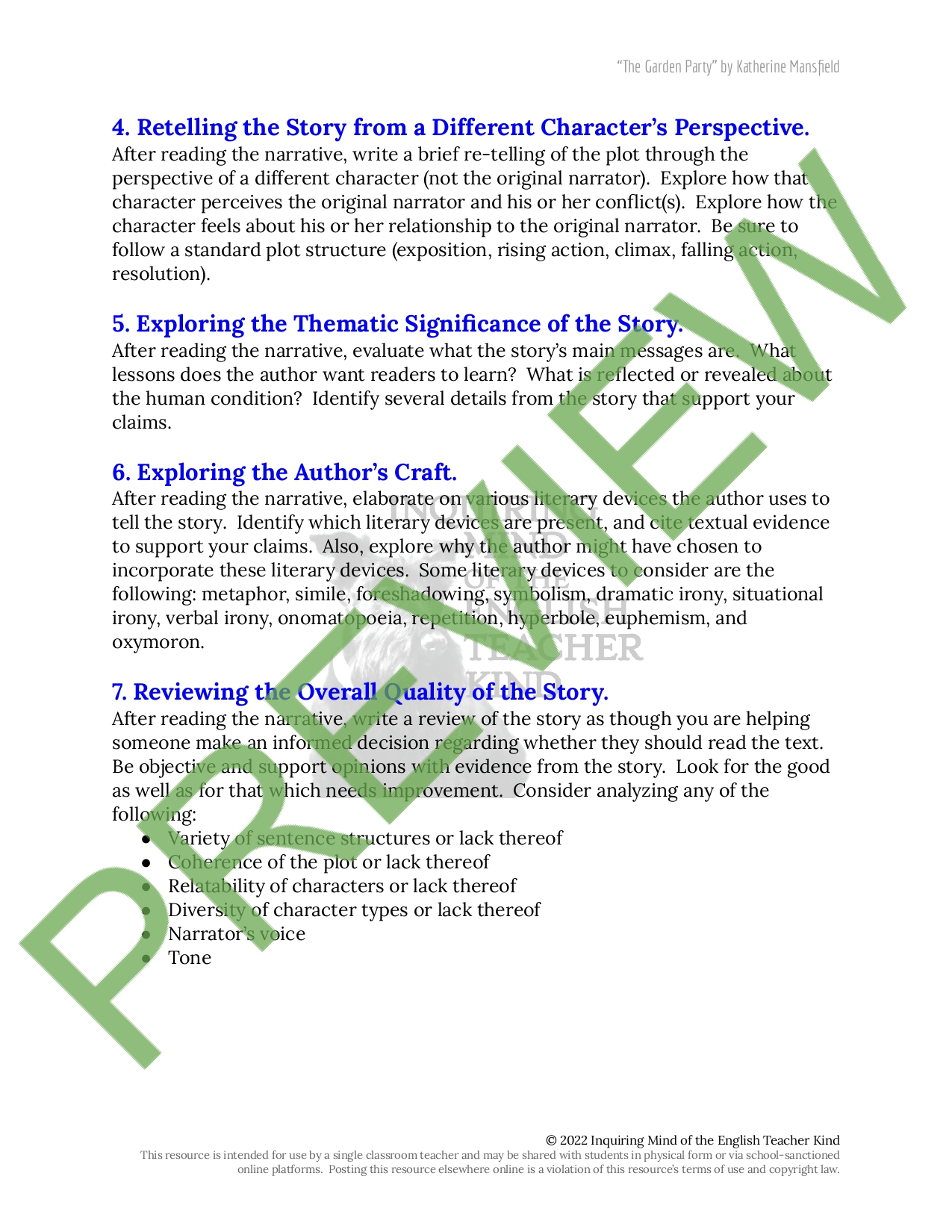 “The Garden Party” by Katherine Mansfield Close Reading Worksheet