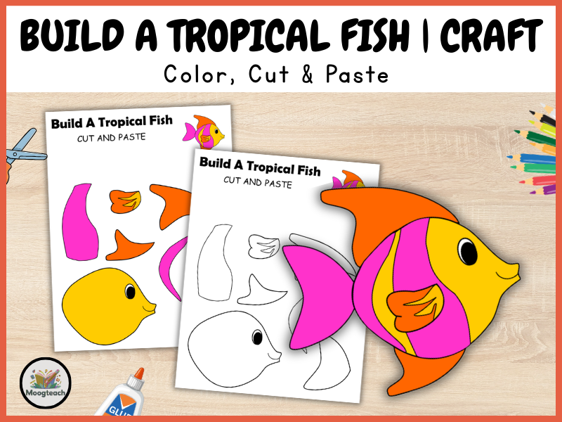 Tropical Fish Craft for Kids | Ocean Theme Cut and Paste Activity | Preschool Coloring Worksheet PDF