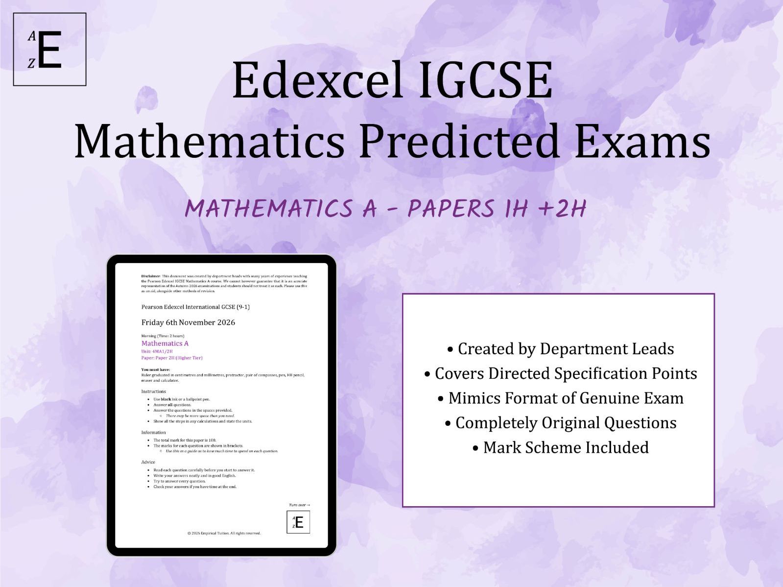 Autumn 2026 IGCSE Maths Predicted Exams - Papers 1H and 2H (Higher Tier)