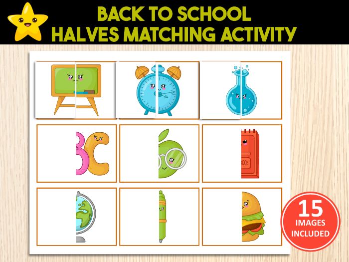 Back to School Halves Matching Game | Puzzle Activity for Toddler & Preschooler