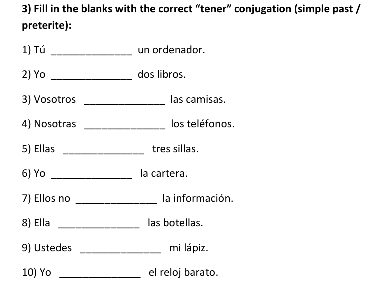 TENER Simple Past Tense Conjugation Worksheet