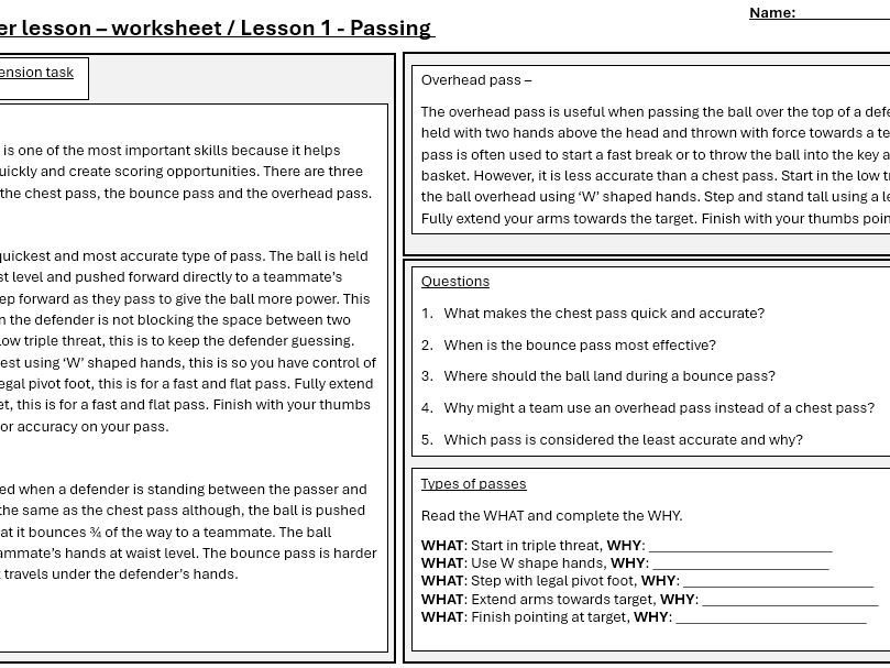 Basketball worksheets / cover work